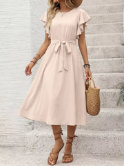 Beige midi dress with ruffled sleeves, tie waist, and button-down front.