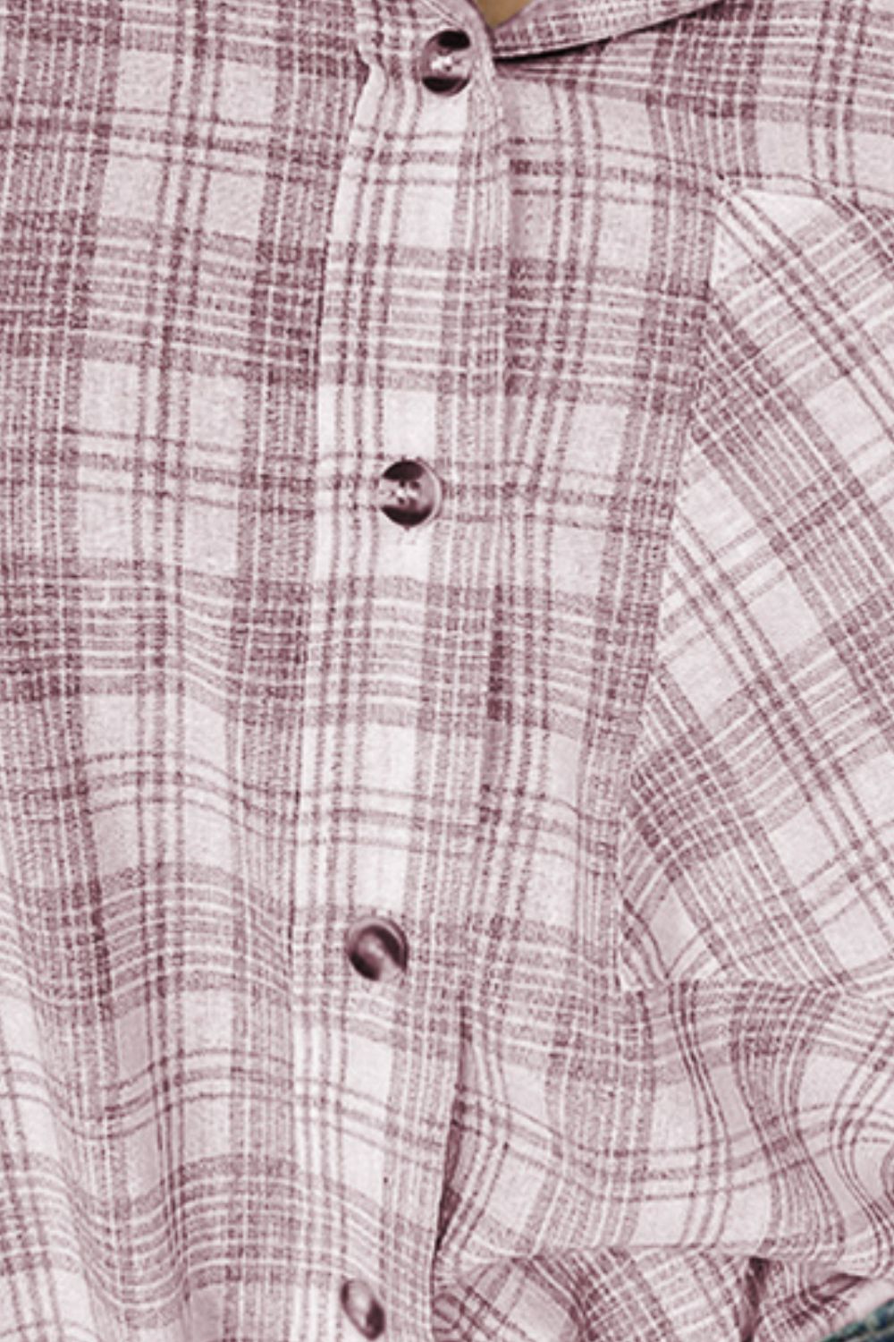 Plaid hooded shirt jacket in dusty pink cotton with button front and drawstrings.