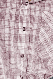 Plaid hooded shirt jacket in dusty pink cotton with button front and drawstrings.