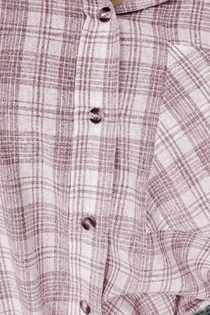 Plaid hooded shirt jacket in dusty pink cotton with button front and drawstrings.