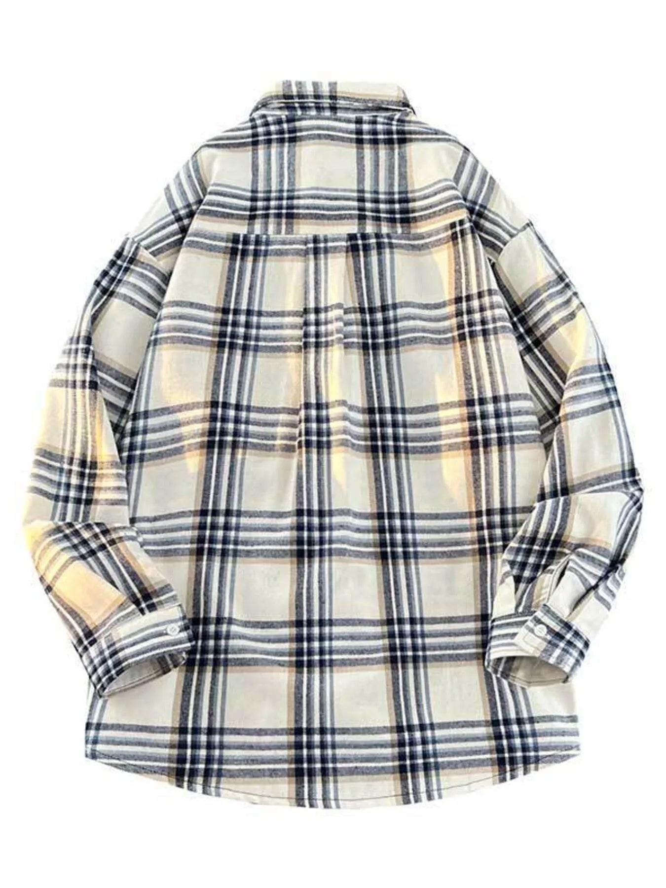 Vintage oversized plaid button-up shirt in cream with navy and white plaid pattern.