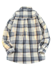 Vintage oversized plaid button-up shirt in cream with navy and white plaid pattern.