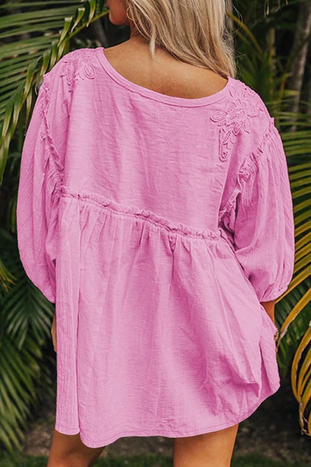 Pink embroidered yoke gathered sleeve blouse with ruffled detail