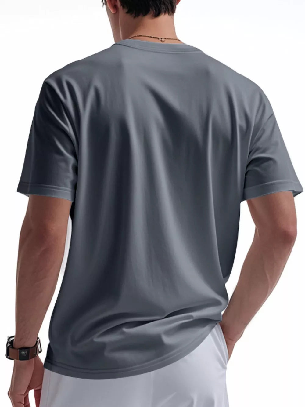 Men's dark gray short-sleeve t-shirt with crew neck and buttoned pocket detail.