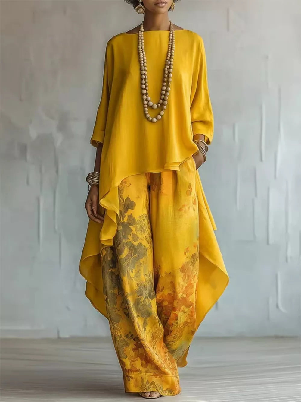 Asymmetrical Hem Top And Floral Pants Set, side view