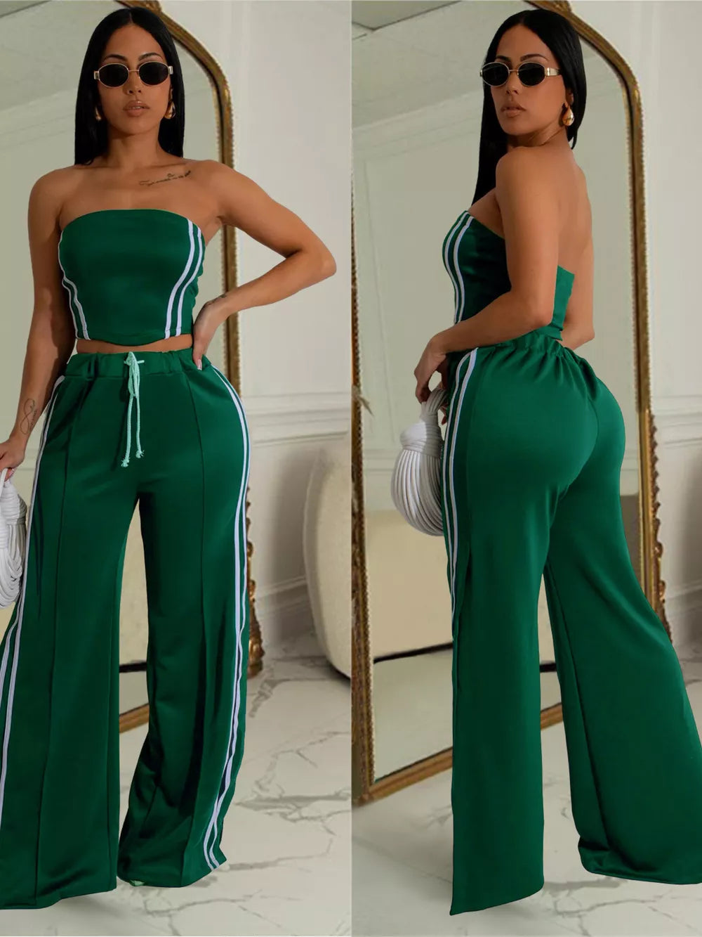 Dark green tube top and wide-leg pant set with white stripe detail and drawstring waist.