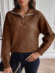 Chestnut zip-up knit sweater with contrast collar and long sleeves.