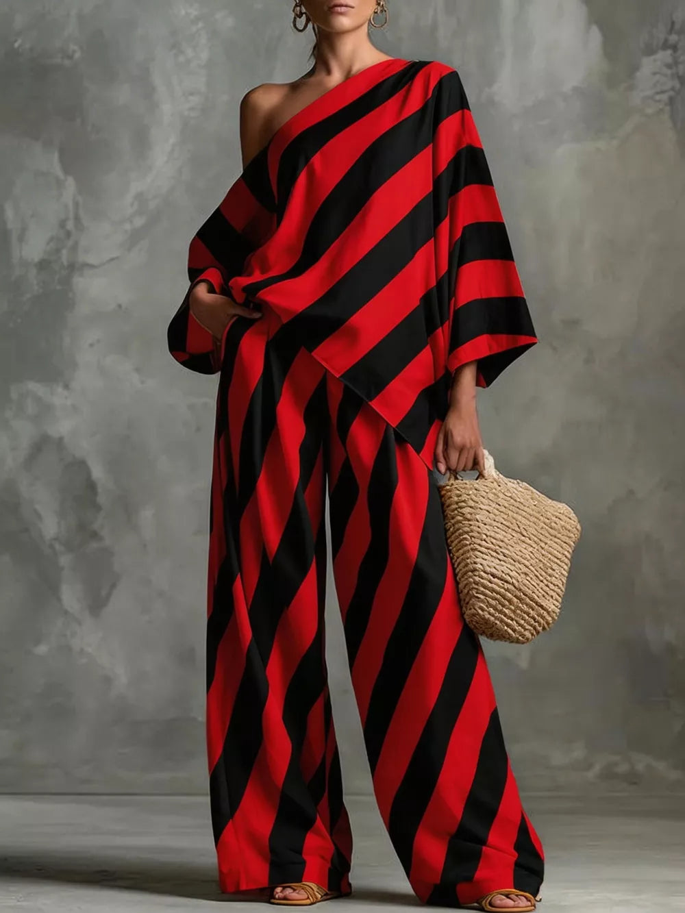 Asymmetrical Striped Top And Wide-leg Pants Set