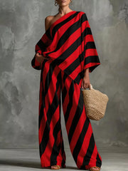Asymmetrical Striped Top And Wide-leg Pants Set