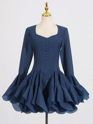 Ruffled Flare Sleeve Mini Dress in Navy Blue, side view