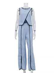 Sleek Contrast Trim Top And Wide-leg Pants Set