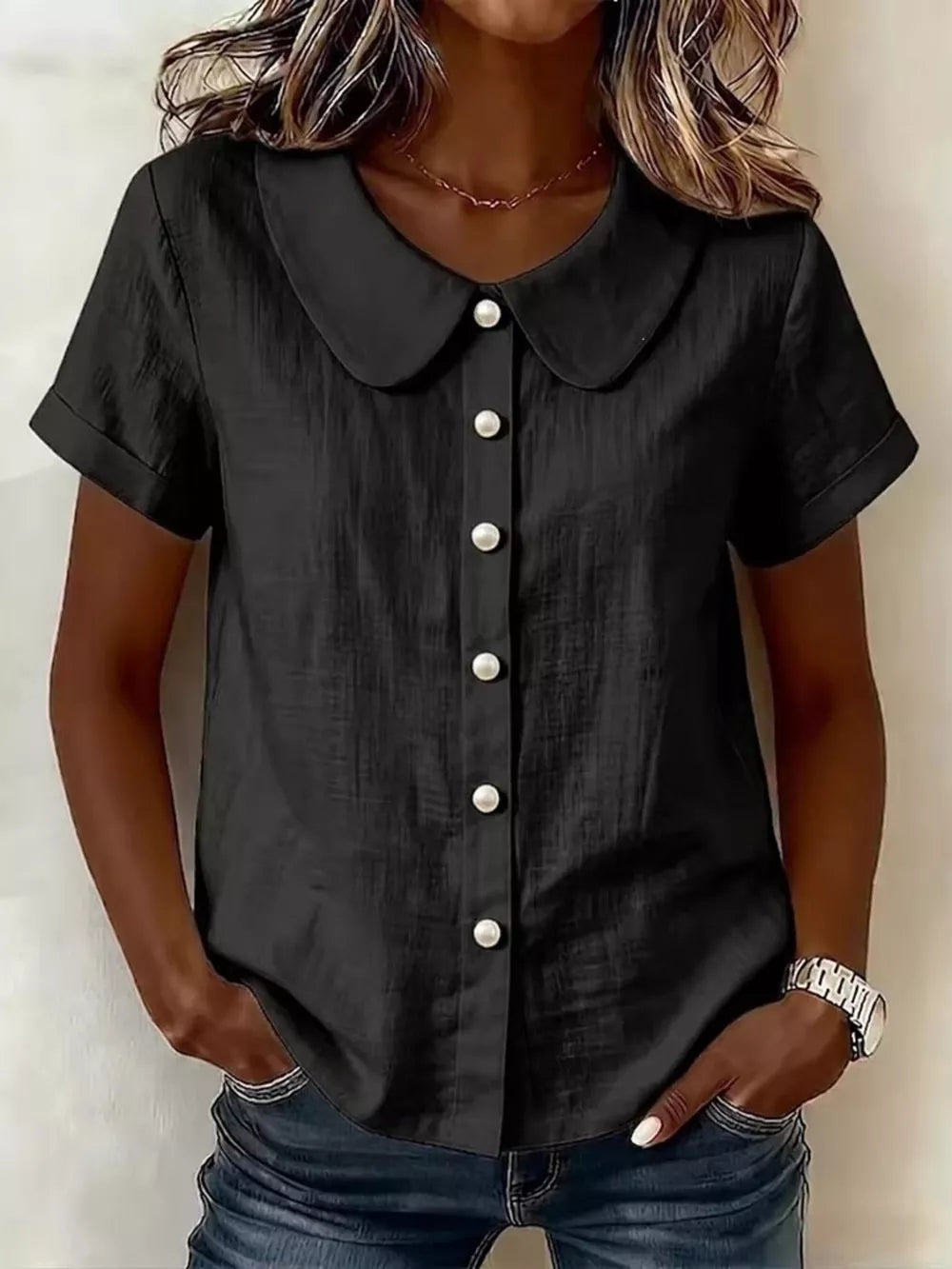 Peter Pan Collar Pearl Button Short Sleeve Shirt, close-up detail