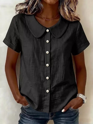 Peter Pan Collar Pearl Button Short Sleeve Shirt, close-up detail