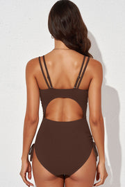 Ribbed one-piece swimsuit in Chestnut with adjustable tie sides and cutout back detail.