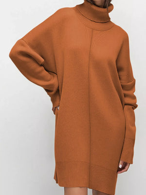 Caramel drop shoulder turtleneck sweater dress with long sleeves and a seam down the front.