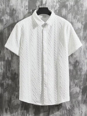 White knit polo shirt with cable knit texture and short sleeves