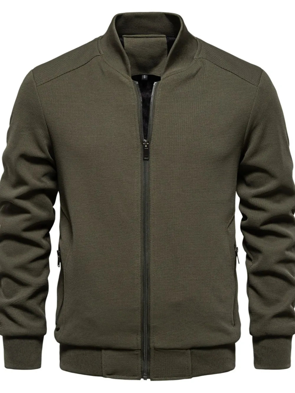Textured knit bomber jacket in Army Green with faux shearling lining and zip pockets.