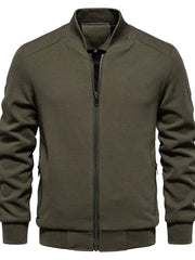 Textured knit bomber jacket in Army Green with faux shearling lining and zip pockets.