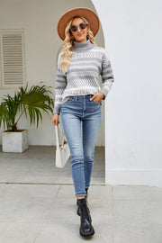 Light Gray Geometric Jacquard Turtleneck Sweater with a cozy fit.