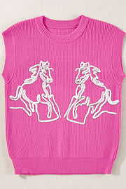 Fuchsia pink ribbed knit vest with white embroidered horse design.