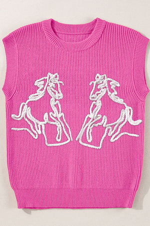 Fuchsia pink ribbed knit vest with white embroidered horse design.