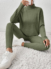 Textured turtleneck loungewear set in Matcha Green with horizontal ribbing.
