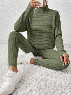 Textured turtleneck loungewear set in Matcha Green with horizontal ribbing.