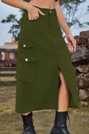 Army green denim midi skirt with cargo pockets and a front slit.