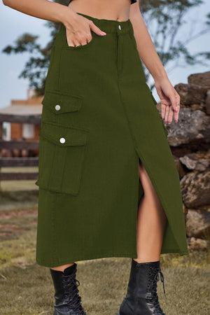 Army green denim midi skirt with cargo pockets and a front slit.