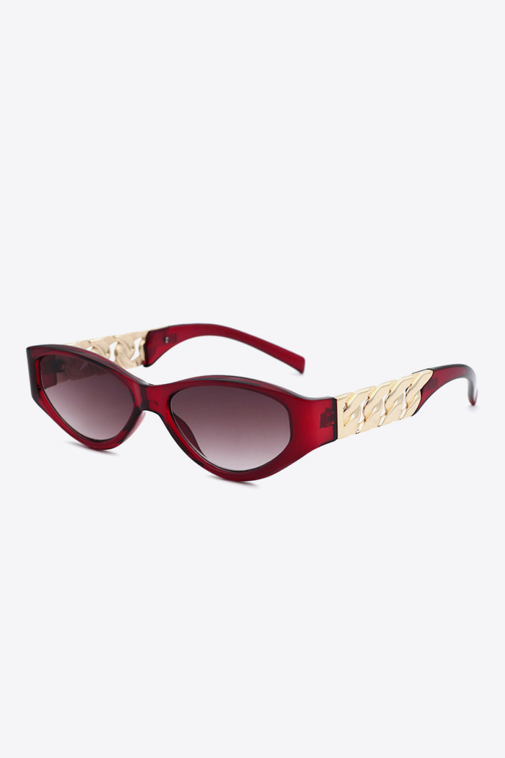 Deep Red cat-eye sunglasses with white frame and gold chain detail.