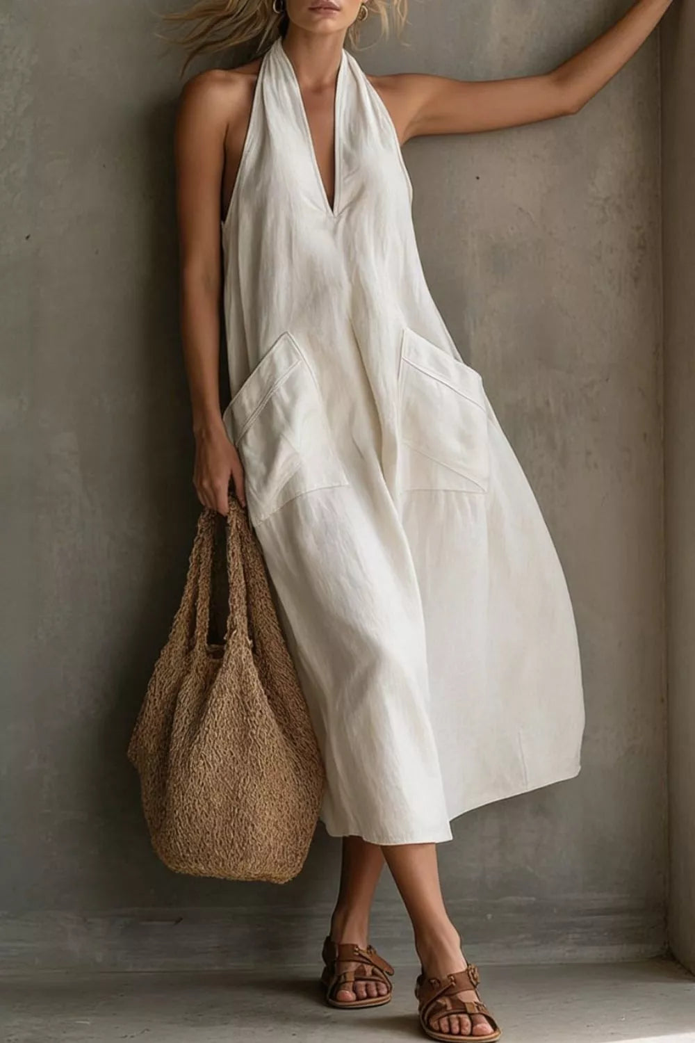 White halter midi dress with V-neck and large front pockets, styled with a straw bag.
