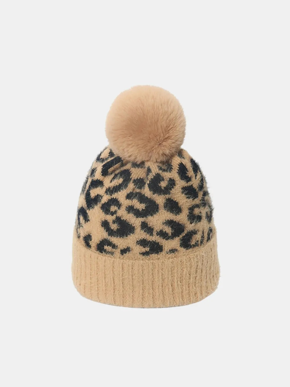 Camel leopard knit beanie with a fluffy pom and ribbed cuff.