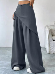 Chic dark gray maternity wide-leg trousers with a wrap detail and tie.