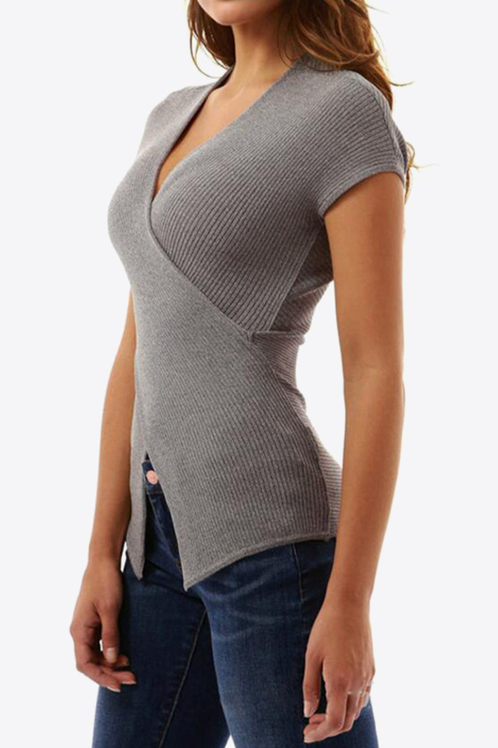 Wrap-effect ribbed knit top in Gray Dawn with short sleeves and a deep V-neck.