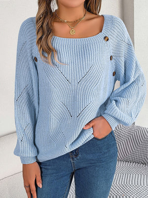 Misty Blue acrylic knit sweater with square neckline and button detail
