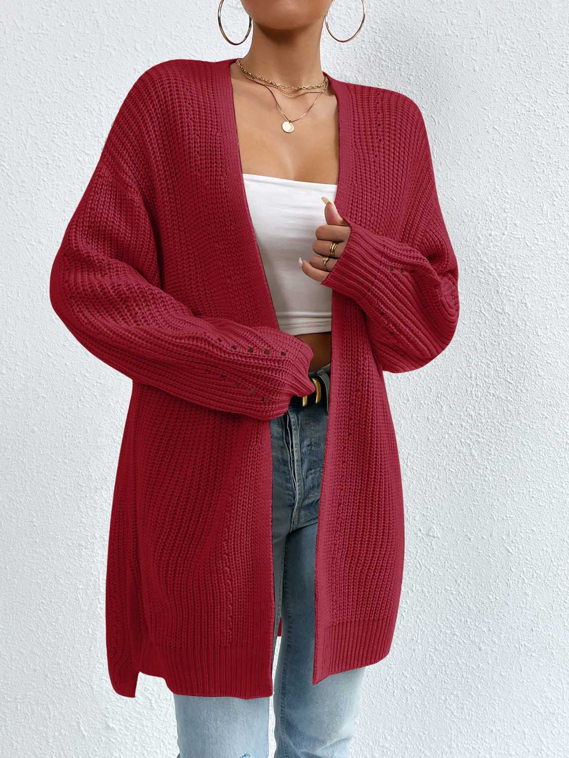 Longline knit open cardigan in Deep Red with ribbed sleeves and open knit detail.