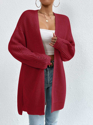 Longline knit open cardigan in Deep Red with ribbed sleeves and open knit detail.
