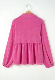 Hot pink textured gathered yoke collar blouse with babydoll cut and balloon sleeves.
