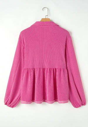 Hot pink textured gathered yoke collar blouse with babydoll cut and balloon sleeves.