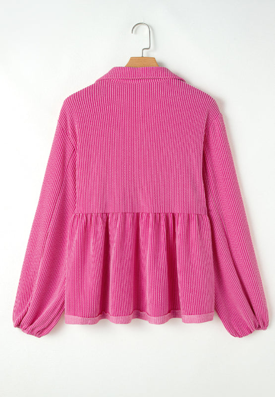 Hot pink textured gathered yoke collar blouse with babydoll cut and balloon sleeves.