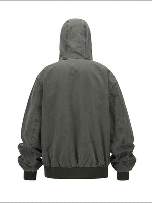 Washed canvas workwear hoodie jacket in Army Green with a ribbed hem and cuffs.