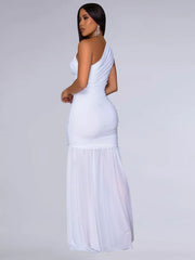 White ruched one-shoulder bodycon maxi dress with flowing skirt detail.