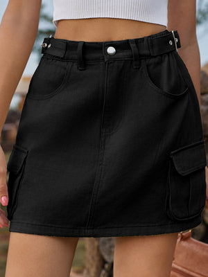 Black denim mini skirt with belt detail and cargo pockets