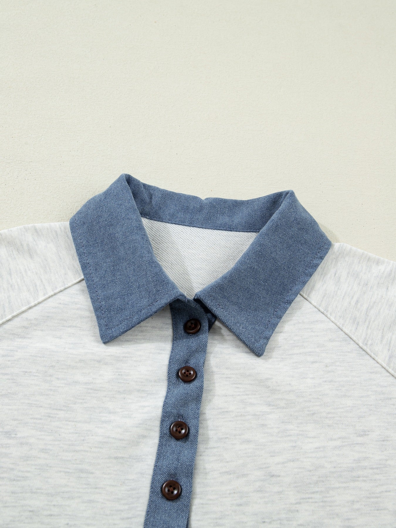 Button detail casual top with denim collar and placket in light grey marl cotton.