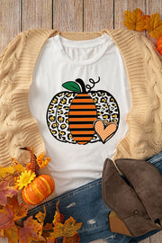 White graphic t-shirt with a leopard print and striped pumpkin design.
