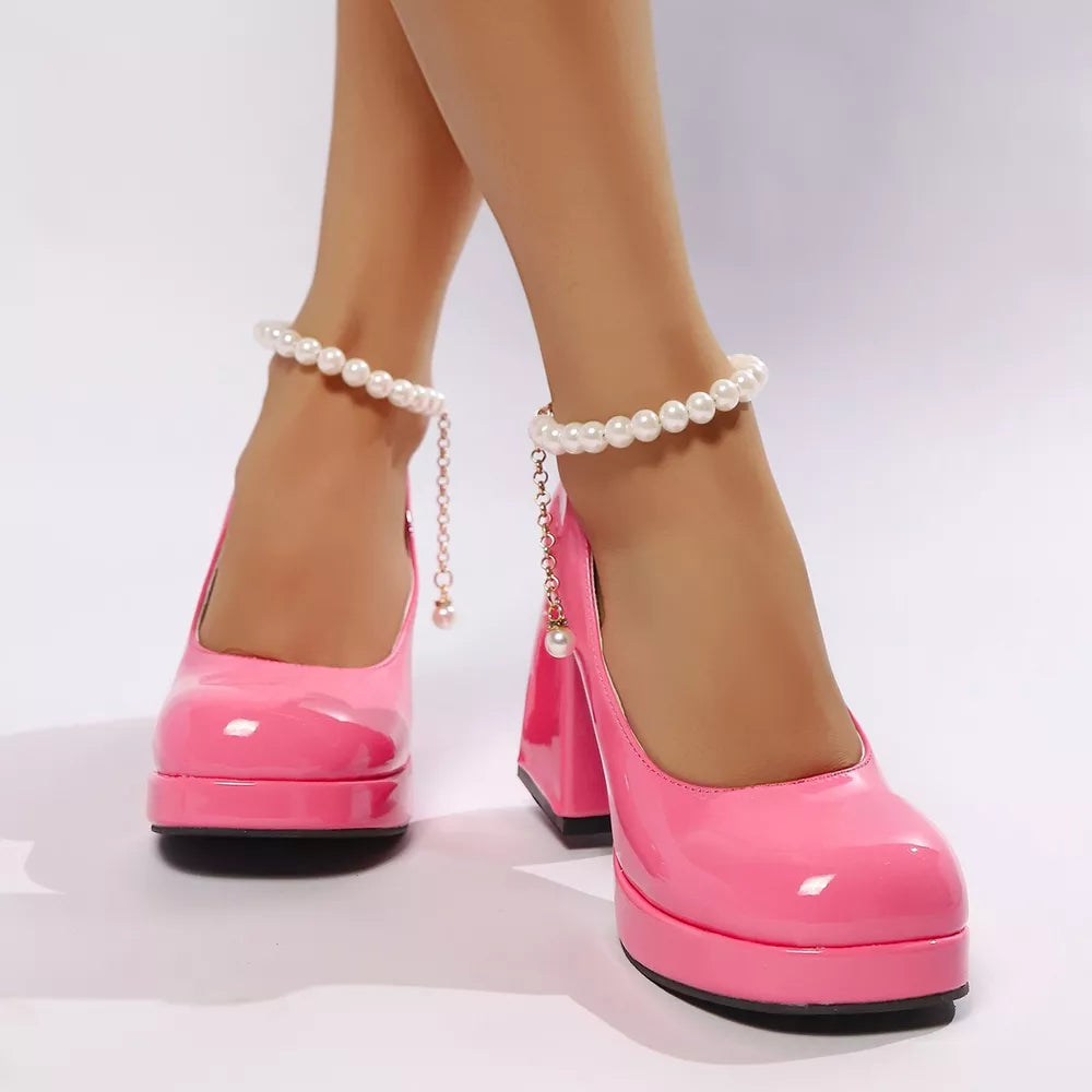 Round Toe Block Heel Pumps in Pink, editorial view