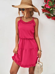 Hot Pink ruffled camisole tiered mini dress with A-line cut and ruffle hem.