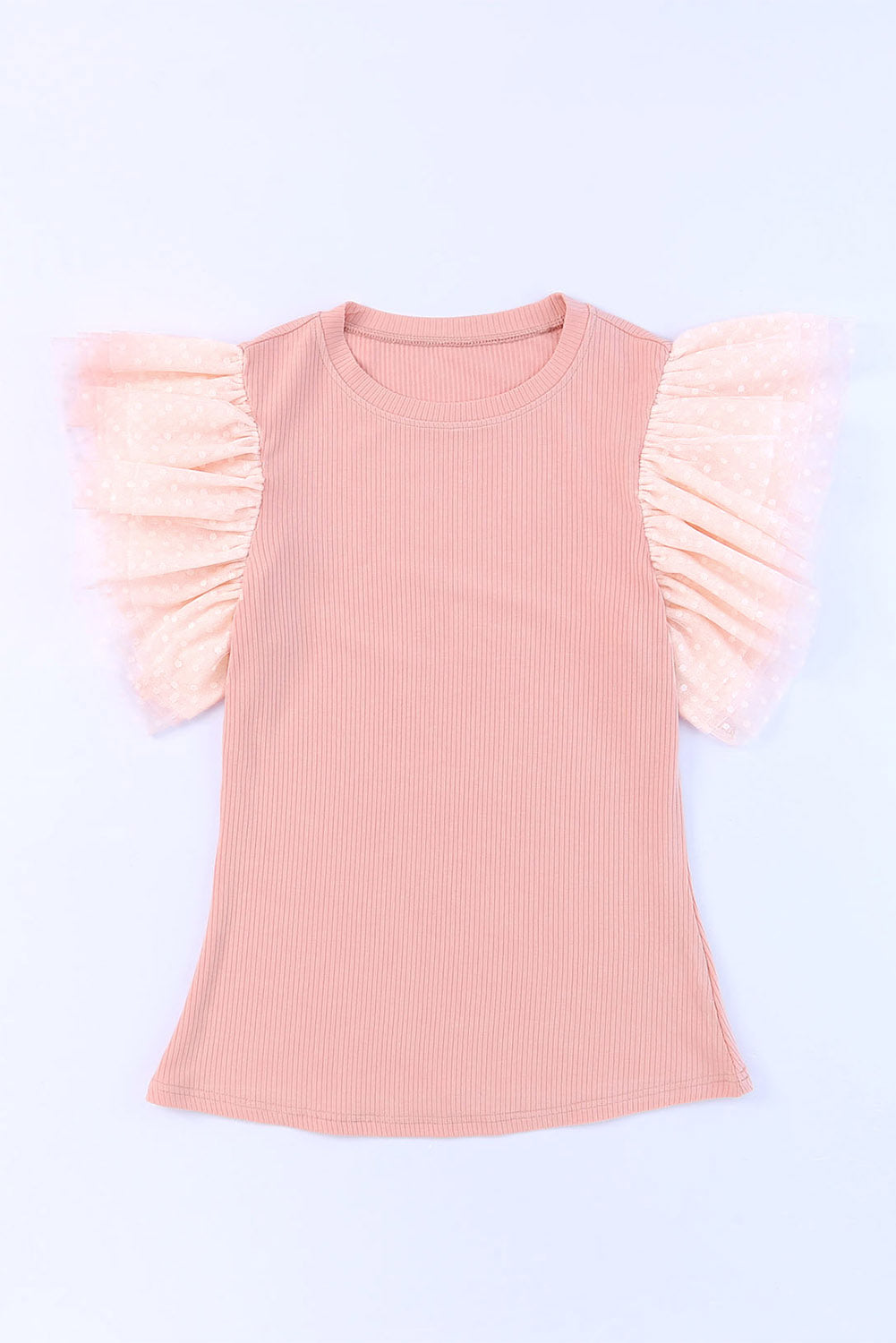 Blush pink ribbed knit blouse with sheer polka dot ruffle sleeves