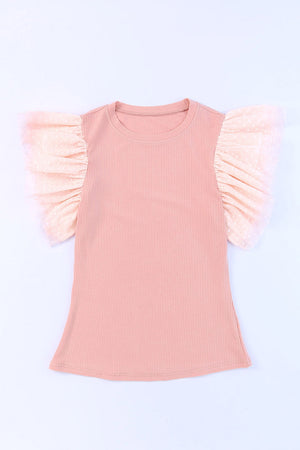 Blush pink ribbed knit blouse with sheer polka dot ruffle sleeves