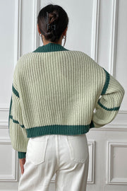 Colorblock ribbed open cardigan in Gum Leaf with green trim and stripes.